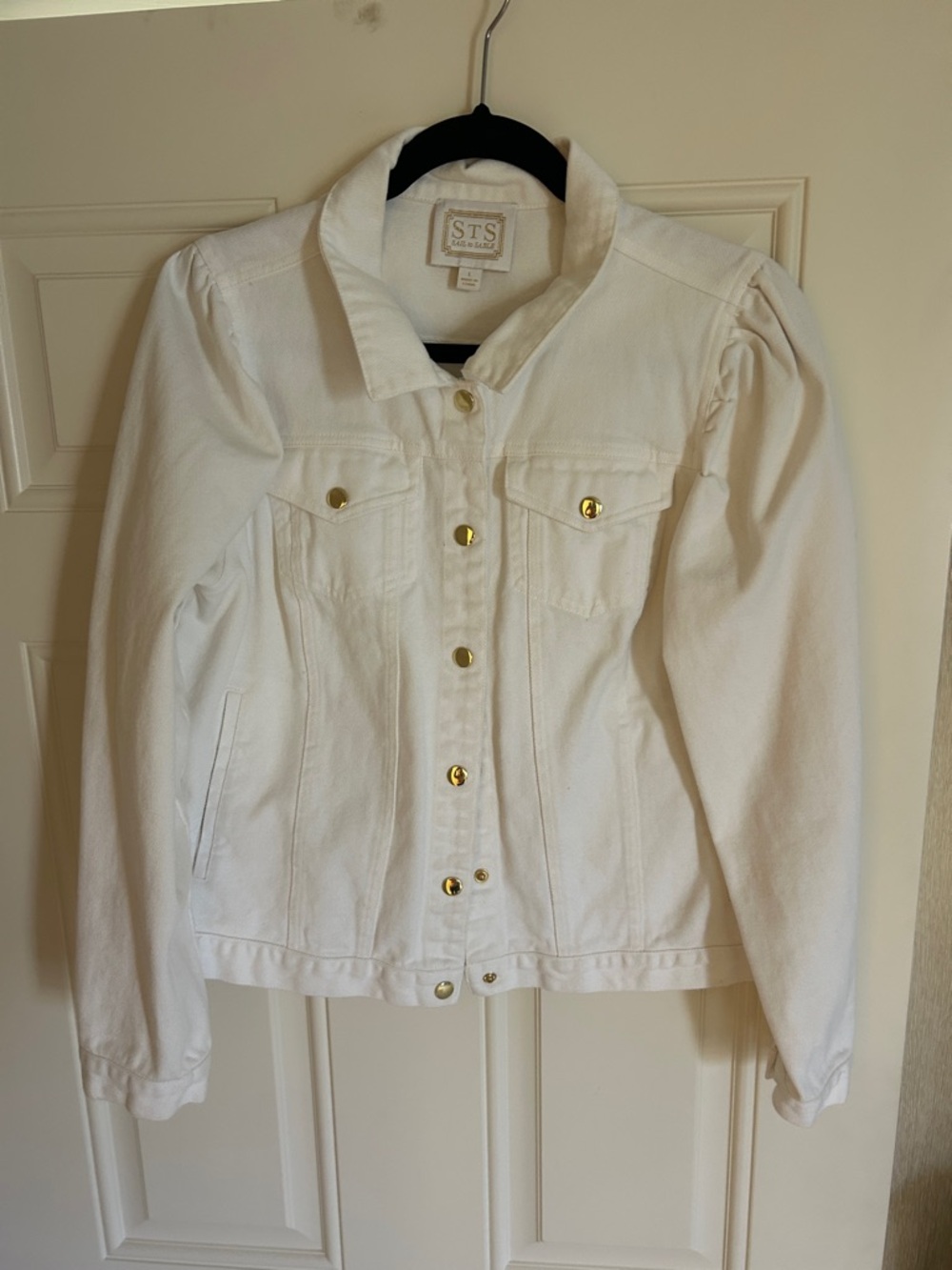 White Denim Jacket with Gold Buttons - Women's Jean Jacket